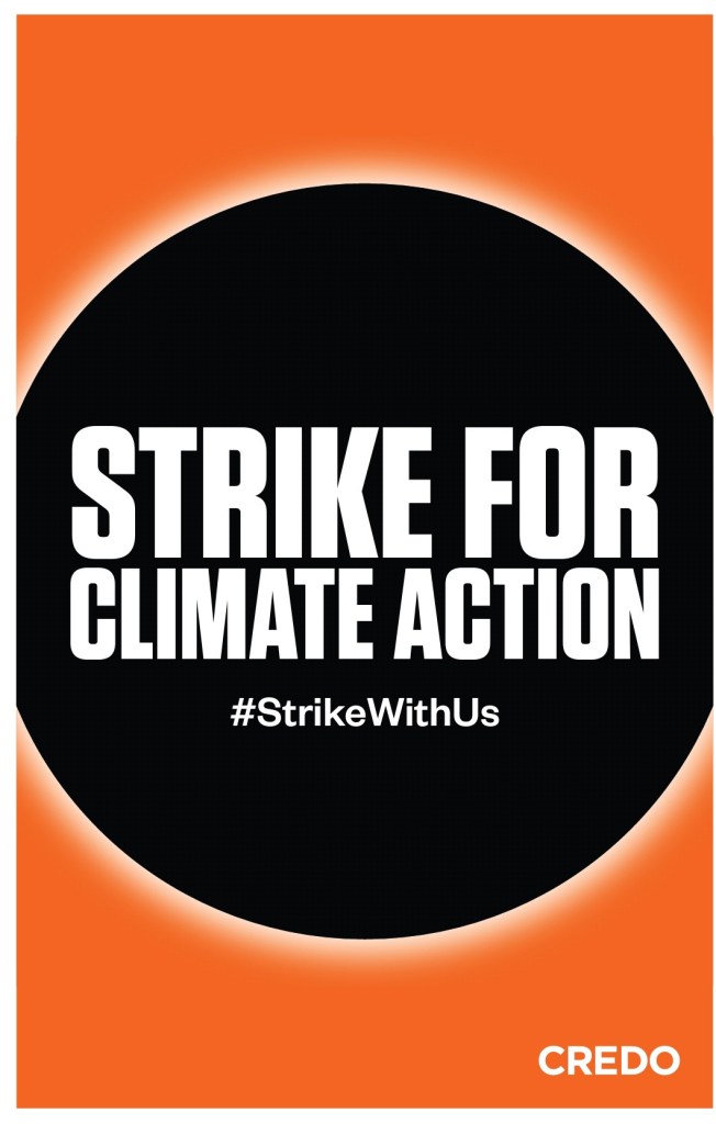 Large black circle with white halo on an orange background. Text reads: "Strike for Climate Action #StrikeWithUs"