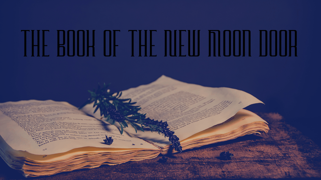 The Book of the New Moon Door cover image: A book with yellowing, wrinkled pages lies open on an old wooden desk, with a sprig of lavender lying in the center.