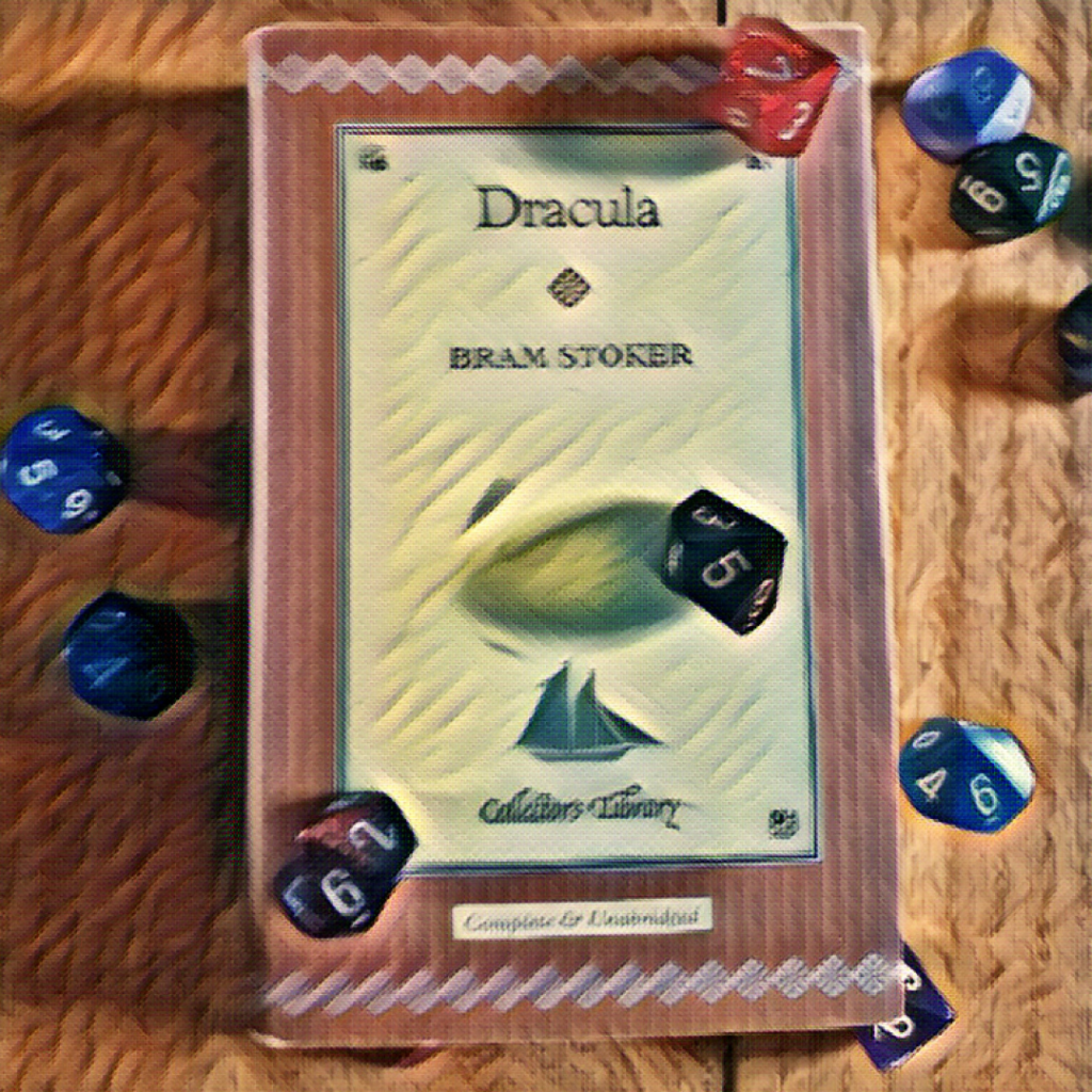 A copy of Bram Stoker's Dracula, the Collector's Library complete & unabridged version, lies on a wooden table with a scattering of 10-sided dice. An filter has been applied to the image to create an oil-paint-like effect.