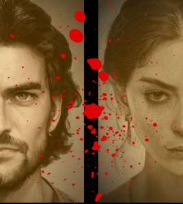 Two sepia-toned portraits showing half a face each: a white man with dark hair, a beard, and a strong jawline and a white woman with dark hair and a thin face. A red splatter covers the portraits. 
