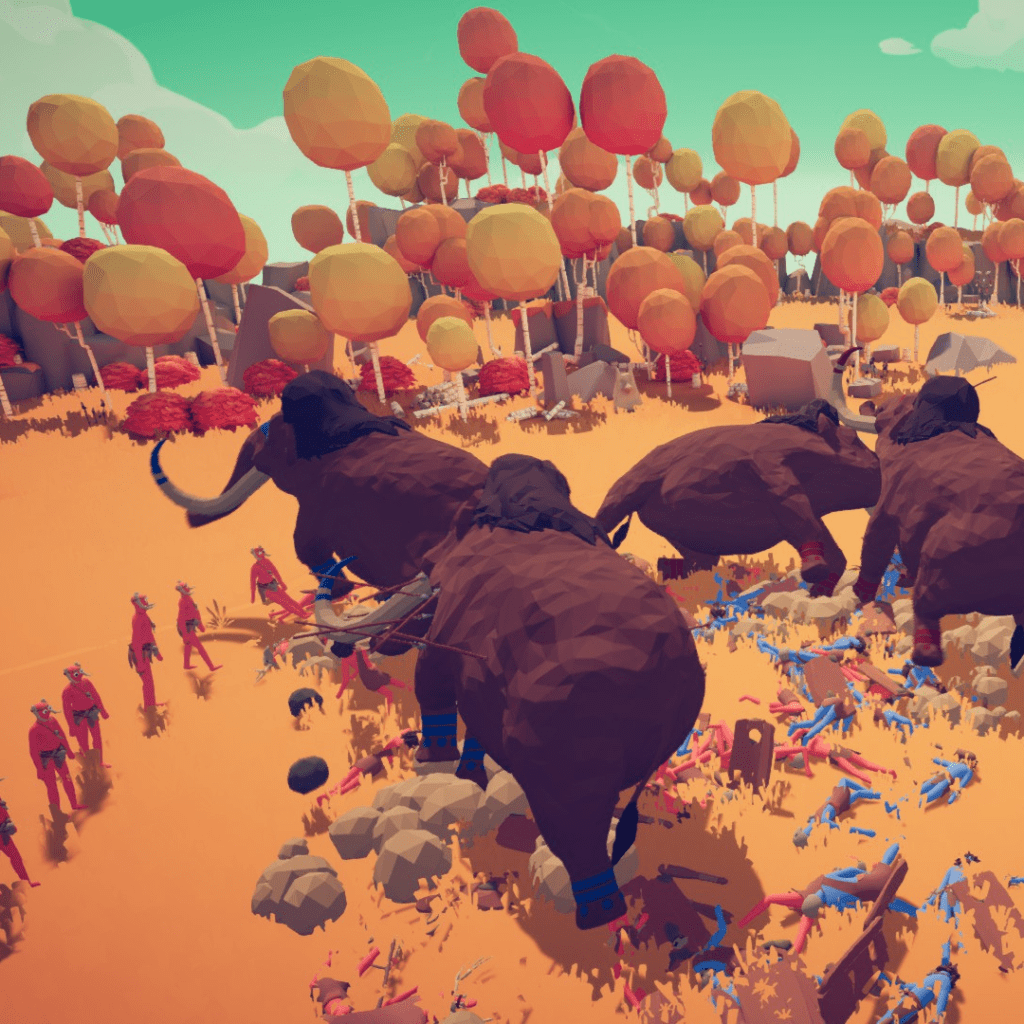 A screenshot from the game Totally Accurate Battle Simulator, showing low-poly wooly mammoths stomping on some noodly people colored red and blue.