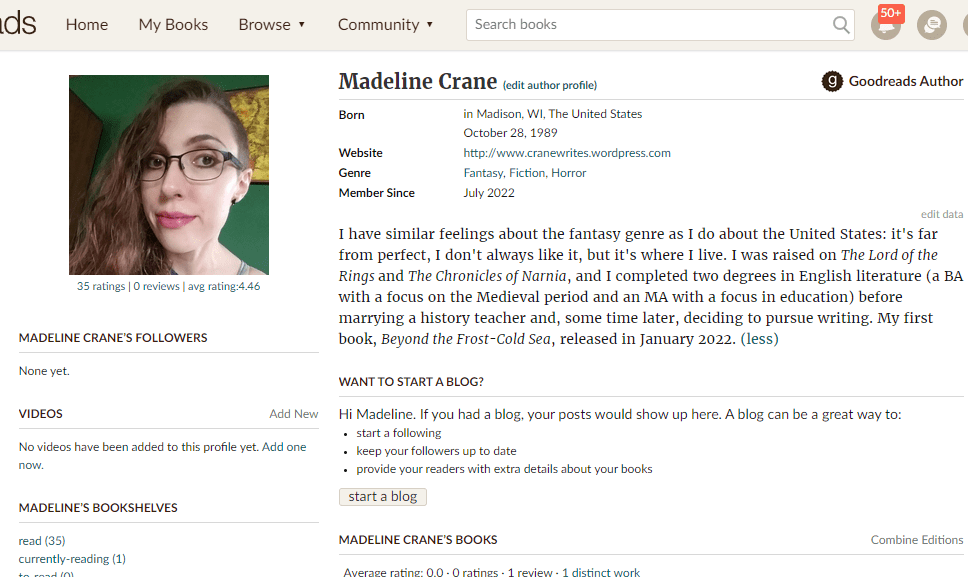 A screenshot of the Goodreads profile for Madeline Crane.