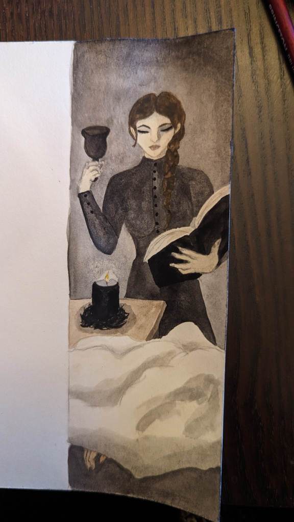 A watercolor painting of Isabel Rainier, a light-skinned woman with long brown hair, dressed in a black Victorian dress and holding a bell in one hand and a book in the other. A black candle and a corpse covered in a sheet sit on the table in front of her, with one of the corpse's hands visible.
