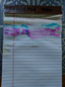 A miniature legal pad, wrinkled with water damage. The words "newsletter signup" are barely legible in pink, with blurred bands of pink and blue ink beneath them.