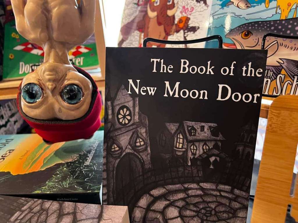 A small alien with large blue eyes and wearing a red beer cozy on its head hangs upside-down next to a copy of The Book of the New Moon Door.