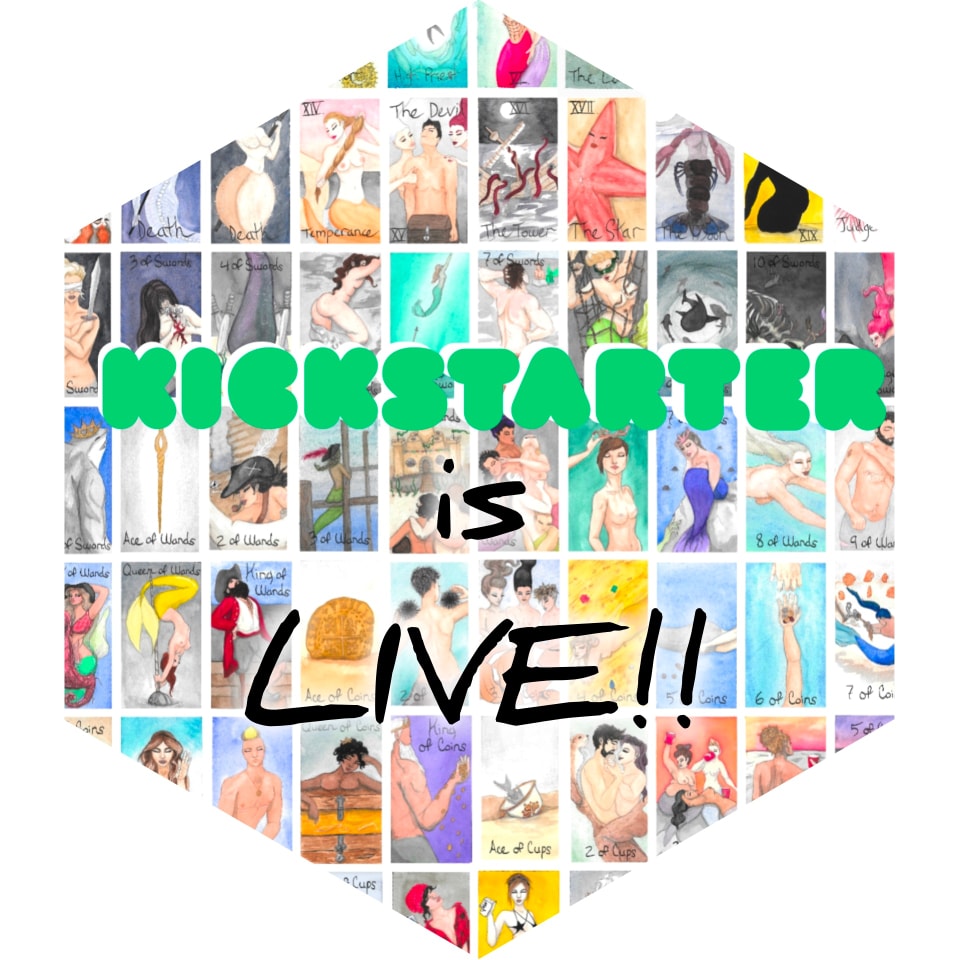 A spread of cards from the Figuratively Speaking Mermaid deck, with the text "Kickstarter is Live!!"