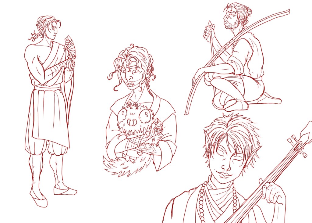 Sketch in red of four characters: a tall man with pointed ears dressed as a Buddhist monk, a woman with traditional Ainu tattoos holding a giant caterpillars, a man in a topknot kneeling with a bow and arrow, and another man with pointed ears playing a shamisen