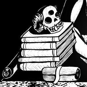 A black and white digital drawing of a three-eyed skull with curling horns on top of a stack of books. Two rolled paper scrolls lie on the tabletop next to the books, and someone's arm is visible behind them. 