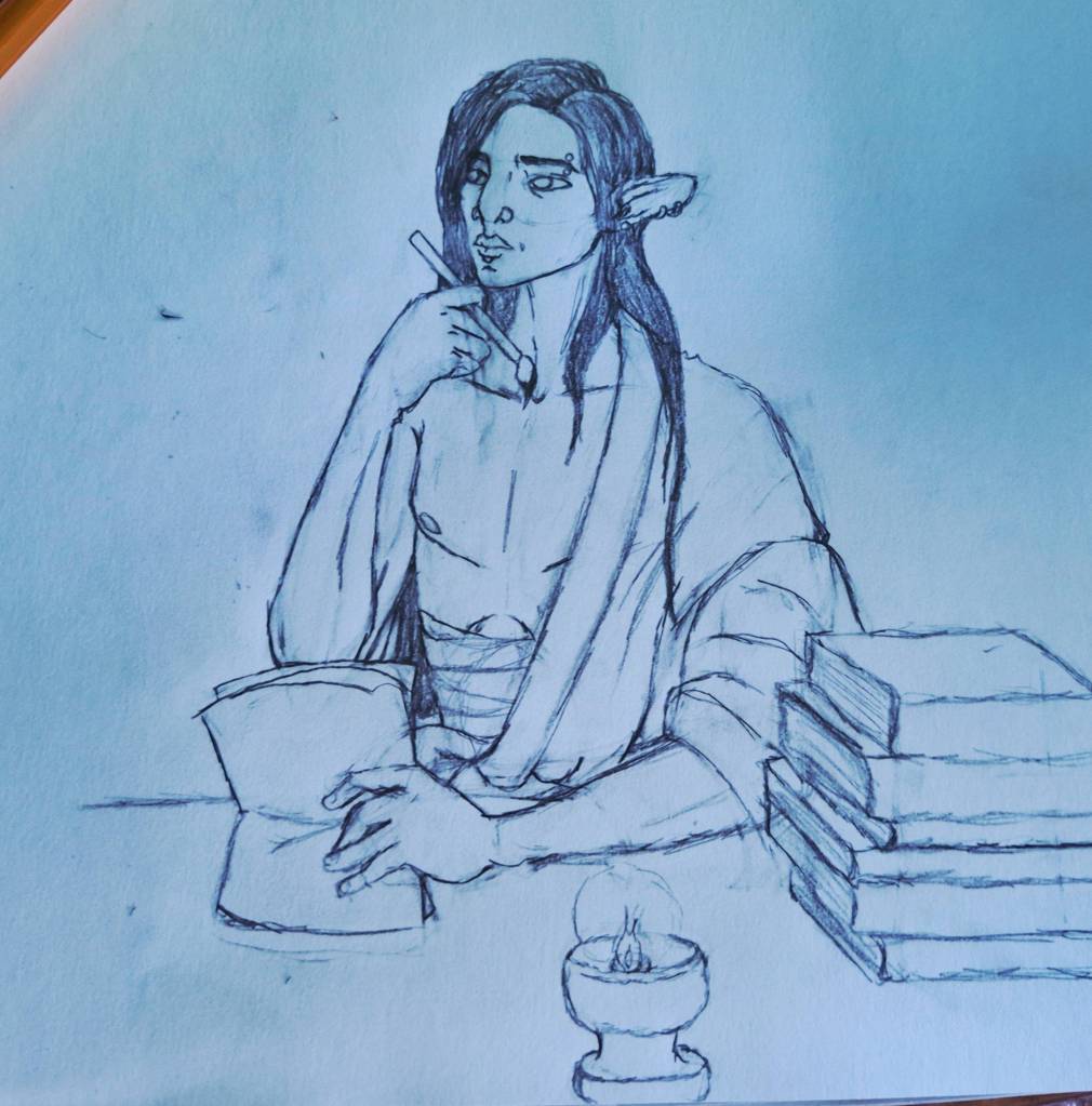 Pencil sketch of a tall man with large ears and long hair seated behind a desk. He is dressed in a kimono, his arm and shoulder out on the right side, and sarashi bandages around his midsection. He holds a stack of papers in one hand and an ink brush with the other, holding the brush up to his face pensively. A stack of books sits at his elbow. An oil lamp in the shape of sort of a squat goblet sits in the foreground.