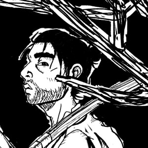 A digital sketch of a young man regarding the viewer with a suspicious expression from behind some branches. 
