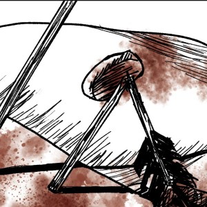 A bloody snowbank with footprints and broken arrows.