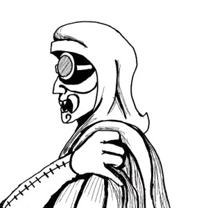 A digital sketch of a figure wearing a hood, goggles, and an oni mask, with one hand placed on his opposite shoulder. 