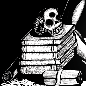 The skull of something humanoid with three eyes, prominent lower canines, and curved horns like a goat's sits atop a stack of books on a desk. Two scrolls lie nearby, and part of someone's bare arm can also be seen.