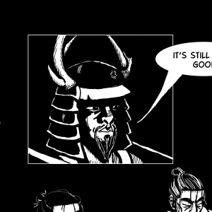A man in an antlered helmet, his face mostly in shadow, looks out with a sort of grim smugness. A partial speech bubble is also present.