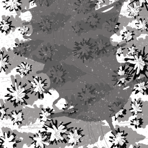 The shadow of an airship passes over a snowy pine forest.