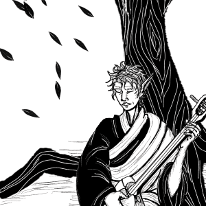 A black-and-white drawing of a man with long, pointed ears, dressed as a monk, playing the shamisen under a tree. Leaves float through the air. 
